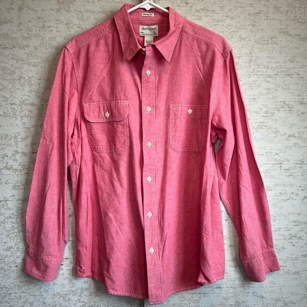 Chaps Men's Denim Ralph Lauren Pink Button Down Shirt Sz L Easter Preppy Summer